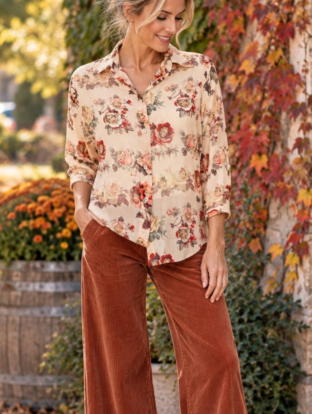 Guess Collection Vintage Floral Cherub Angel Sheer Button Up Blouse M